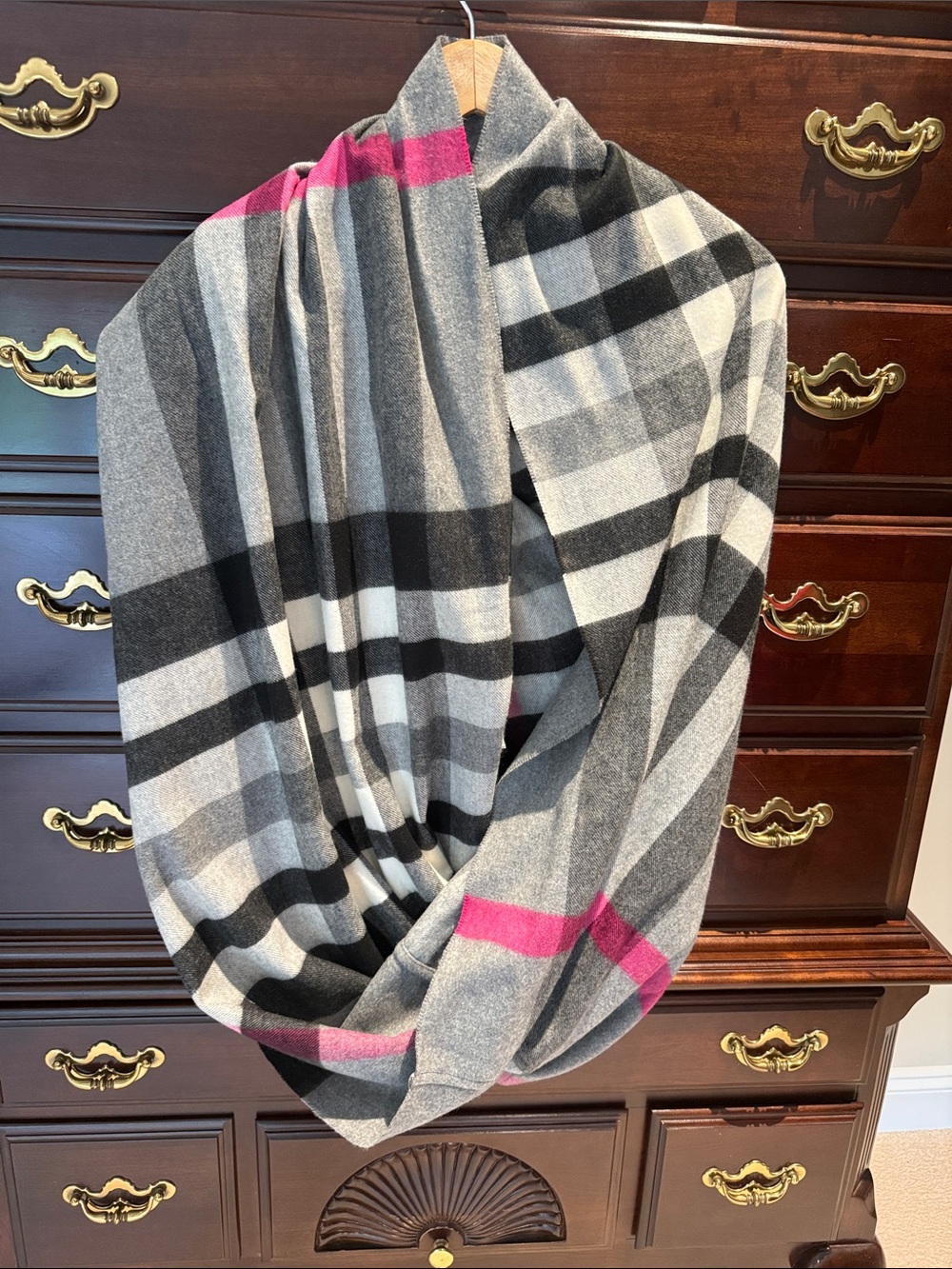 Fraas Gray and Black Plaid Infinity Scarf with Pink Accent